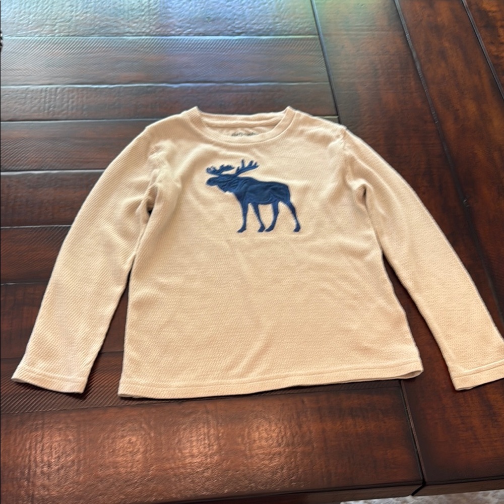 Abercrombie Kids Cream and Blue Long Sleeve Tee with Moose Graphic